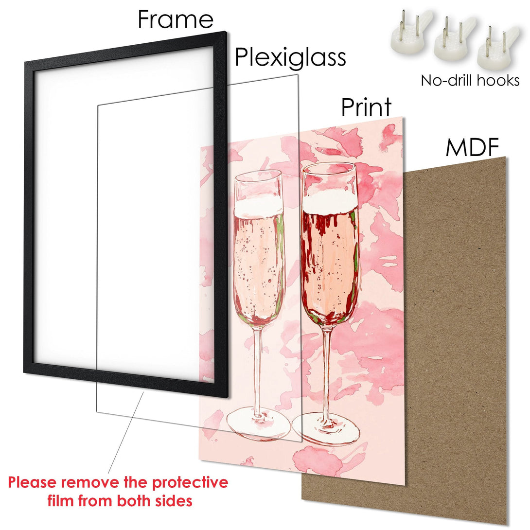 Framed Poster featuring champagne glasses in a watercolor style, with a pink color palette. Ready to hang.