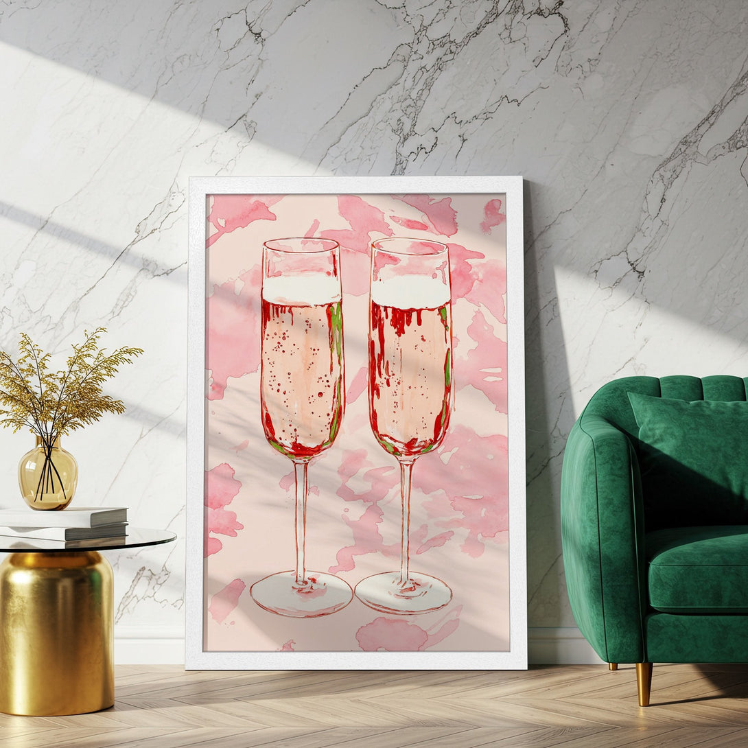 Framed Poster featuring watercolor champagne flutes in pink and red hues. Perfect for adding a touch of elegance to your home decor.