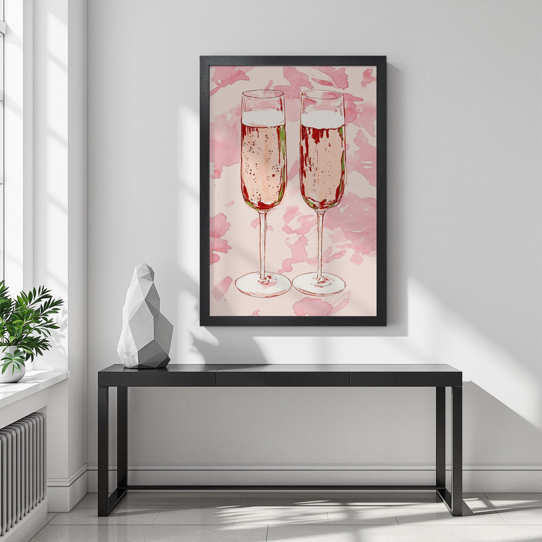 Framed Poster featuring watercolor champagne flutes in pink and red hues. Modern wall art for a touch of elegance.