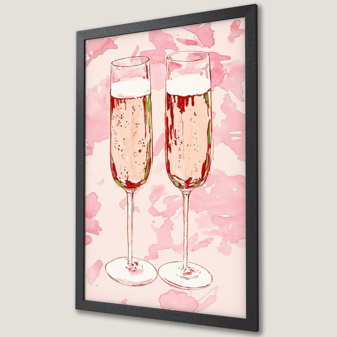 Framed Poster featuring watercolor champagne flutes in a pink and red color palette, perfect for adding a touch of elegance.