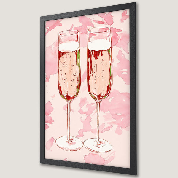 Framed Poster featuring watercolor champagne flutes in a pink and red color palette, perfect for adding a touch of elegance.