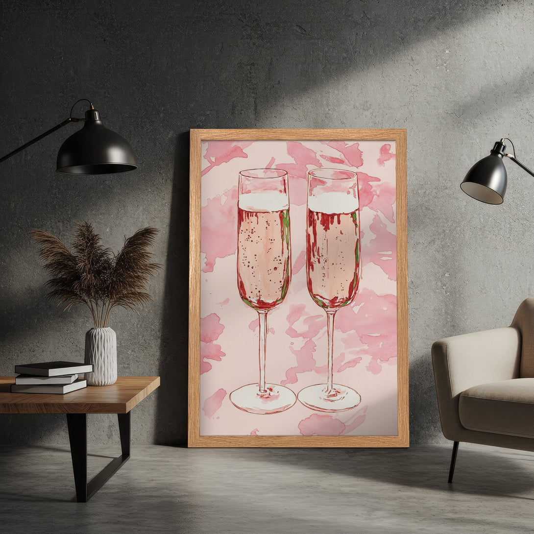 Framed Poster featuring champagne glasses in a watercolor style, with a pink and red color palette. Perfect for home decor!