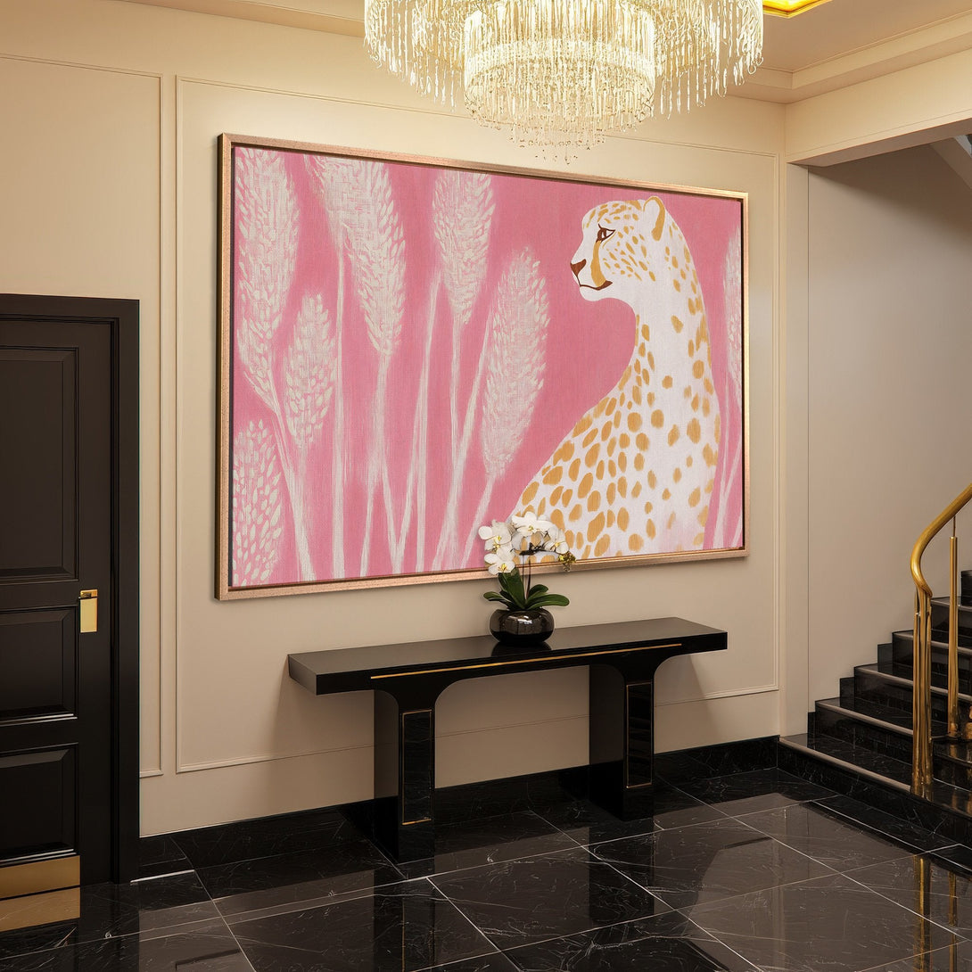 Framed Wall Art: Pink cheetah print canvas in elegant hallway. Modern art with gold accents. Adds a pop of color to any space.