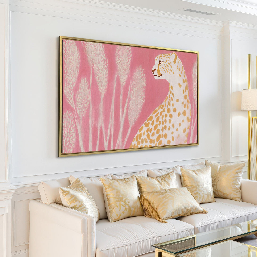 Canvas Print featuring a cheetah in a modern, minimalist style with a pink and gold color palette, perfect for adding a touch of elegance to your home.