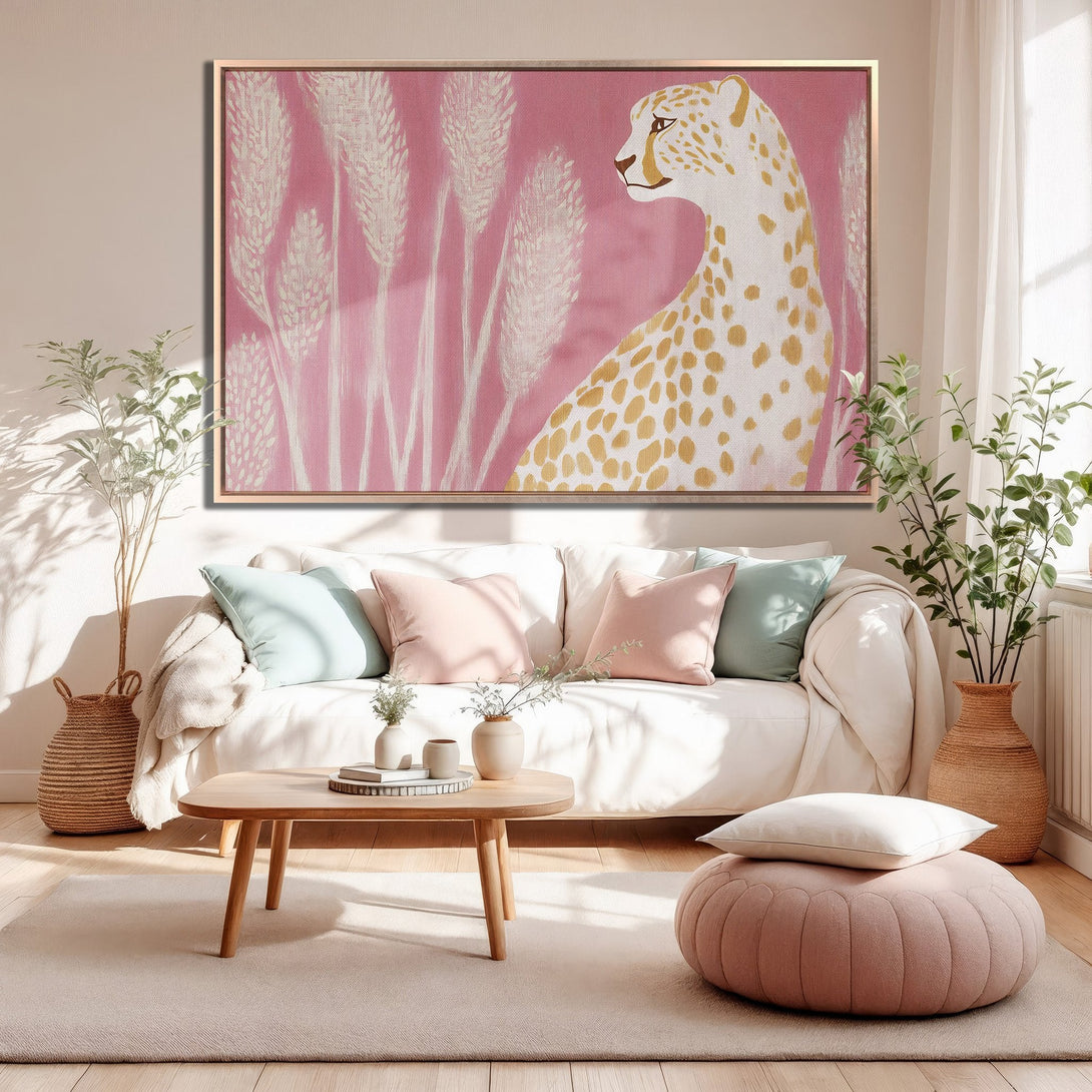 Framed Wall Art featuring a cheetah in a pink and gold color palette, perfect for adding a touch of modern style to your home decor.