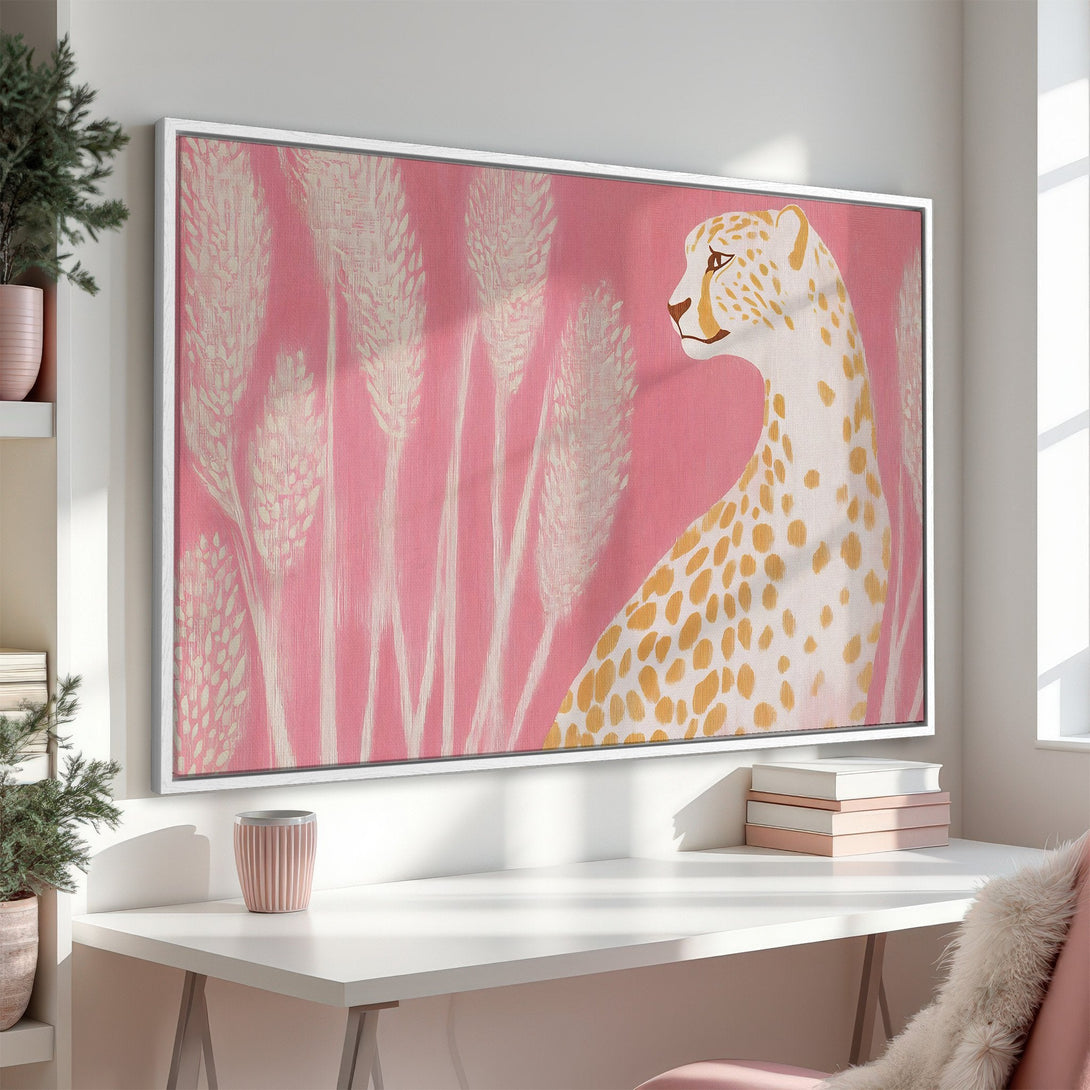 Framed Wall Art: Modern cheetah canvas print with pink and gold tones, perfect for adding a touch of safari chic to your home decor.