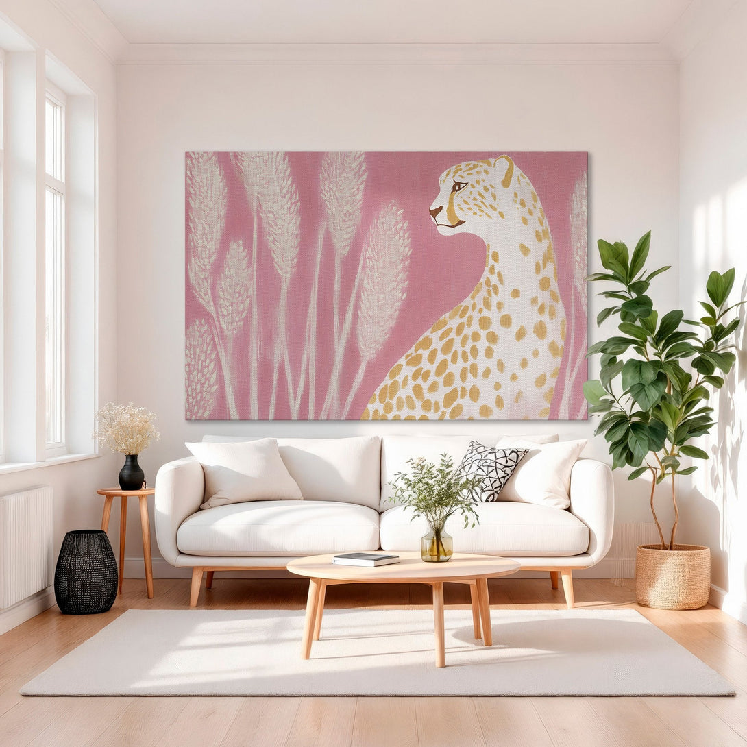 Framed Wall Art featuring a cheetah in a pink and gold color palette. Modern style canvas print perfect for living room decor.