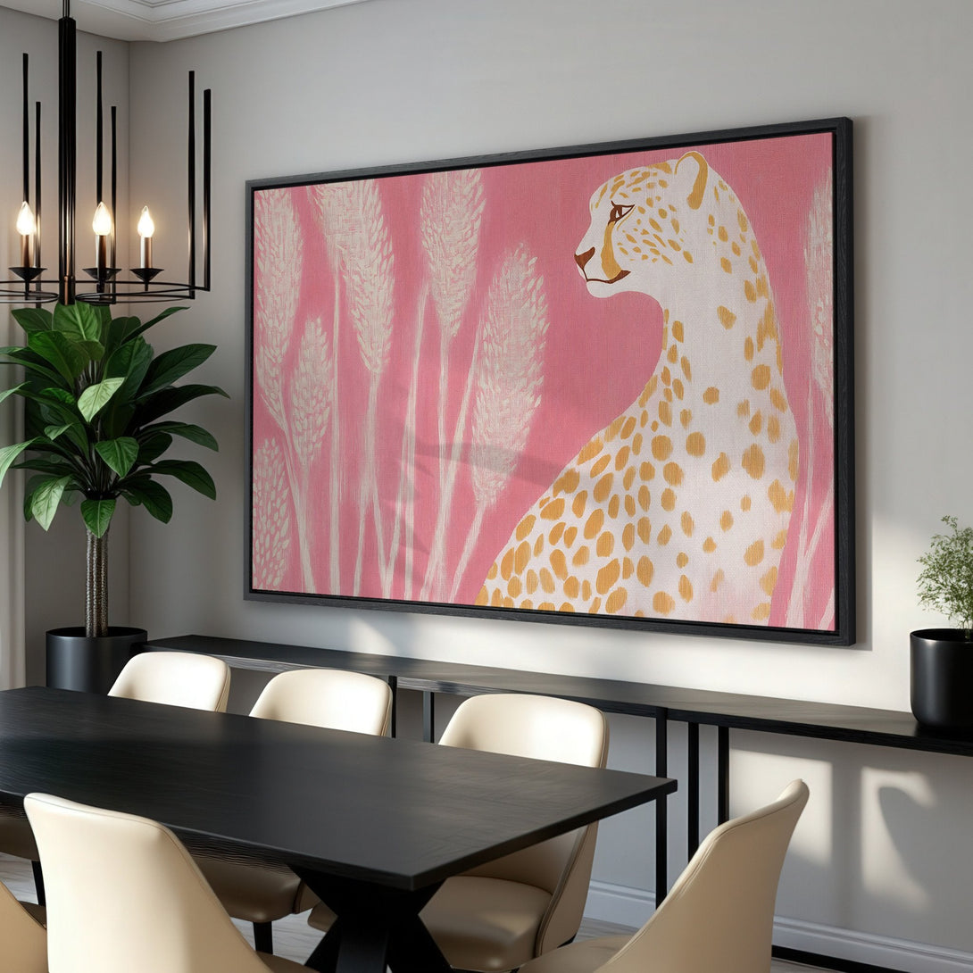 Framed Wall Art featuring a stylized cheetah on a pink background. Modern canvas print with a warm, inviting color palette. Perfect for any room!