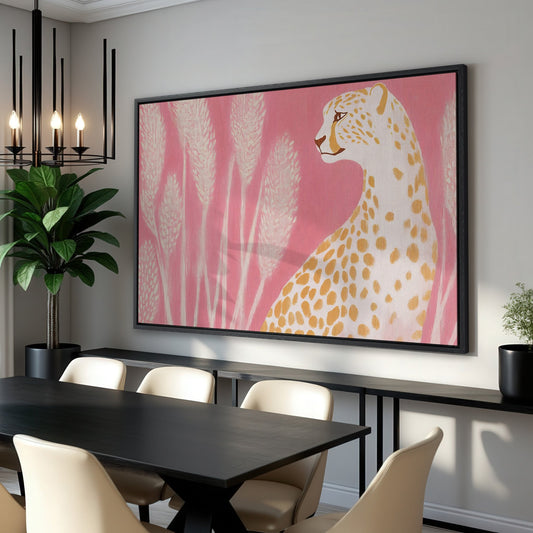 Elegant Cheetah on Pink Framed Canvas Print