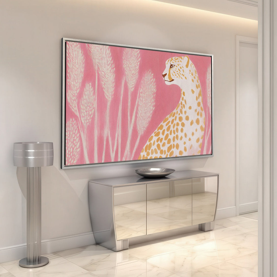 Framed Wall Art featuring a cheetah in a modern, pink and gold palette. Elevate your space with this stylish Canvas Print!