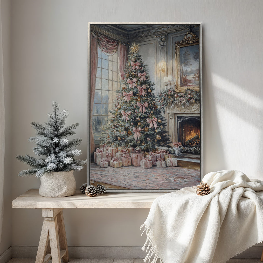 Framed Wall Art: Elegant Christmas scene with tree, gifts, and fireplace. Soft pink and gold palette, perfect holiday decor. Add warmth to your home!