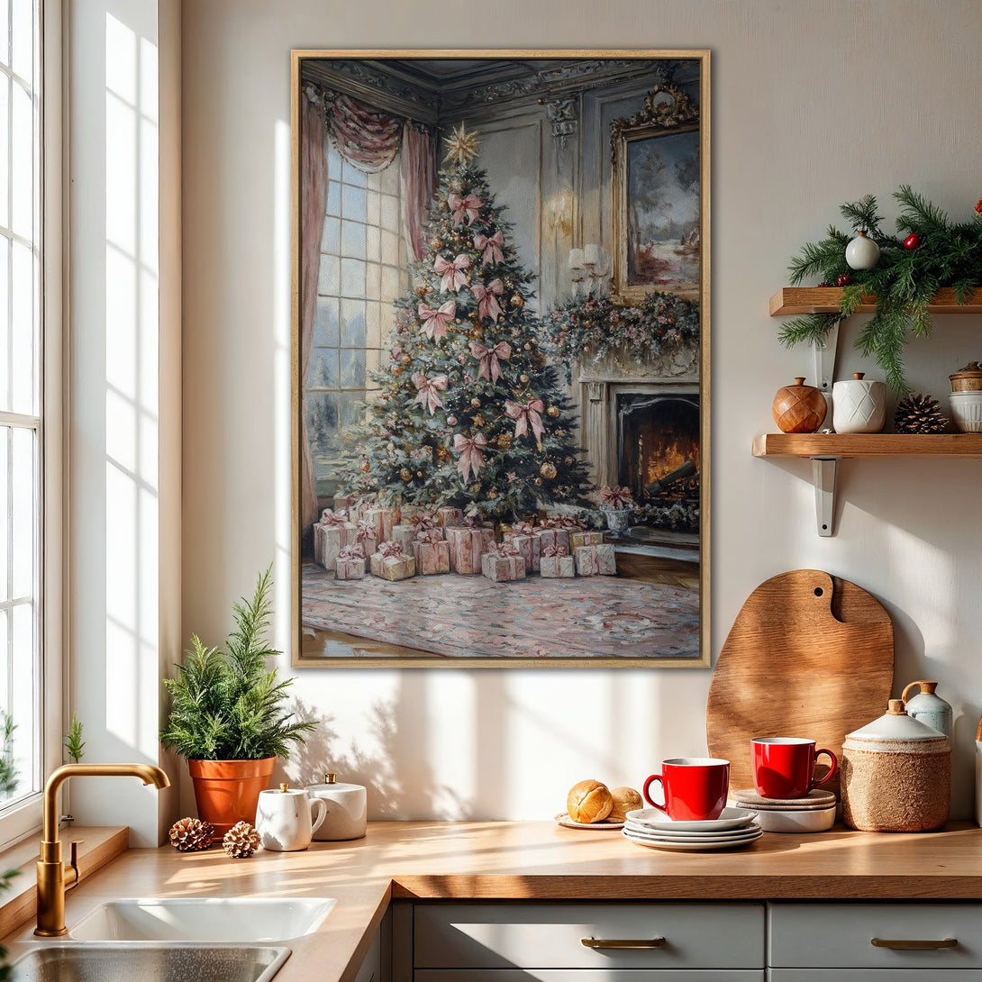 Framed Wall Art: Elegant Christmas tree painting in a warm, cozy interior. Soft pink and gold palette, perfect for holiday decor. Enhance your home with art!