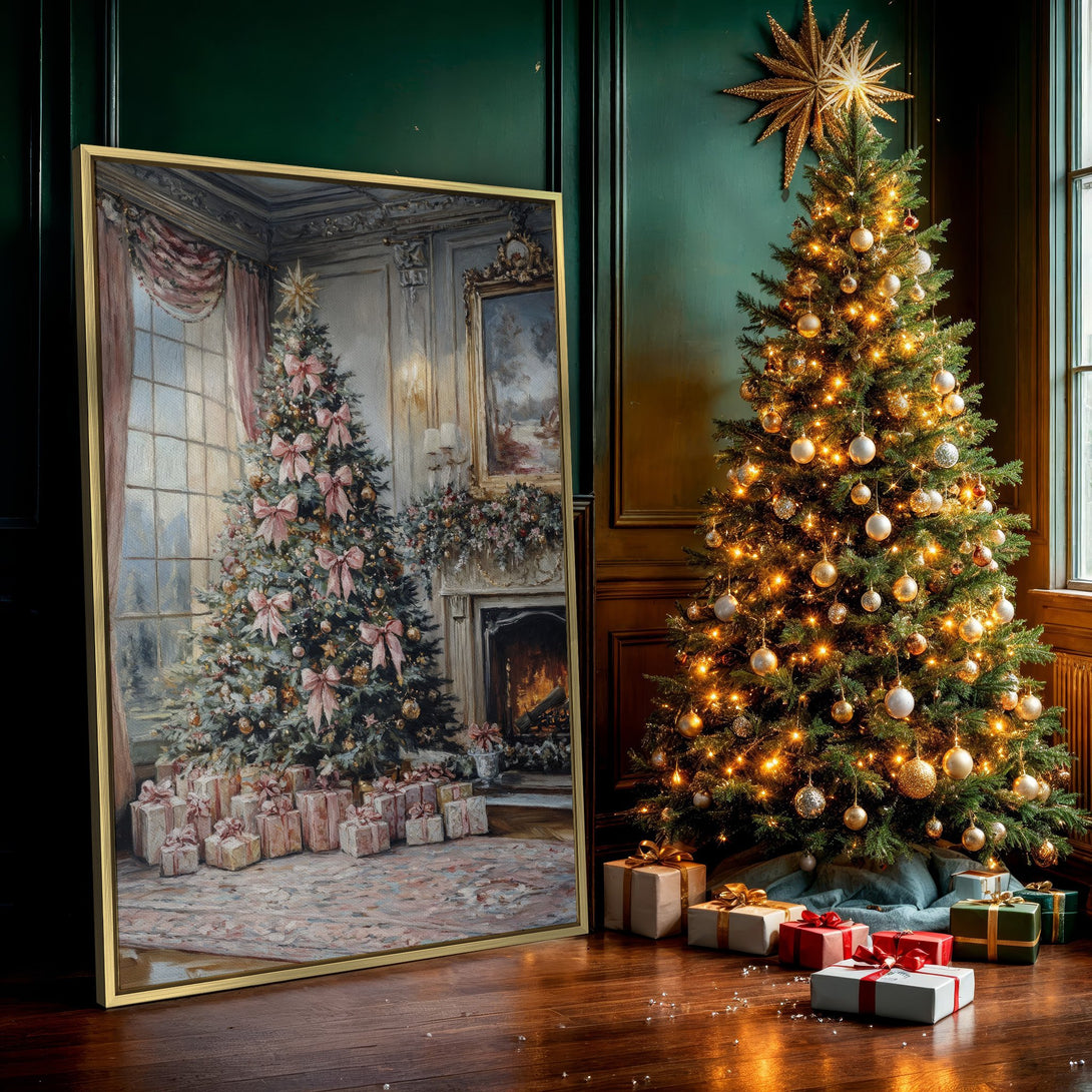 Canvas Print of a cozy Christmas scene, featuring a decorated tree and gifts, in a vintage style with a soft pink and neutral color palette.