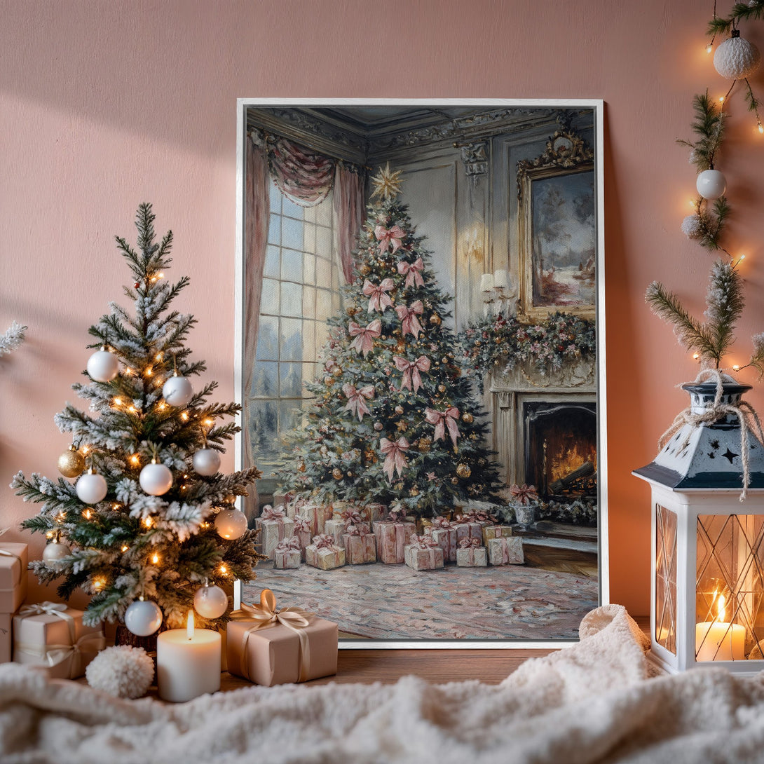 Framed Wall Art: Elegant Christmas scene with a decorated tree, warm color palette, and classic style. Perfect holiday decor!