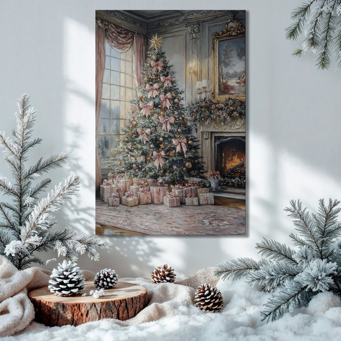Framed Wall Art: Elegant Christmas scene canvas print in a classic style, featuring a festive tree, warm colors, and gold frame. Perfect holiday decor!