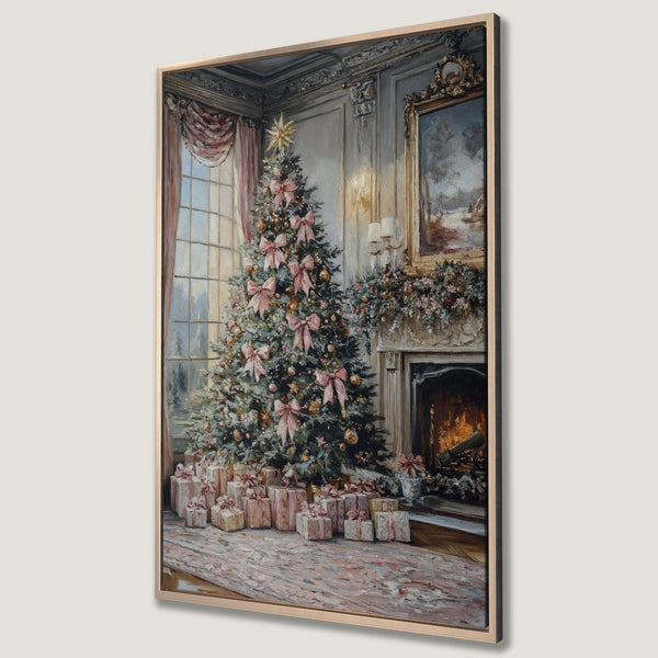 Framed Wall Art of a Christmas tree in a classic interior, featuring a warm color palette with pink and gold accents. Perfect holiday decor.