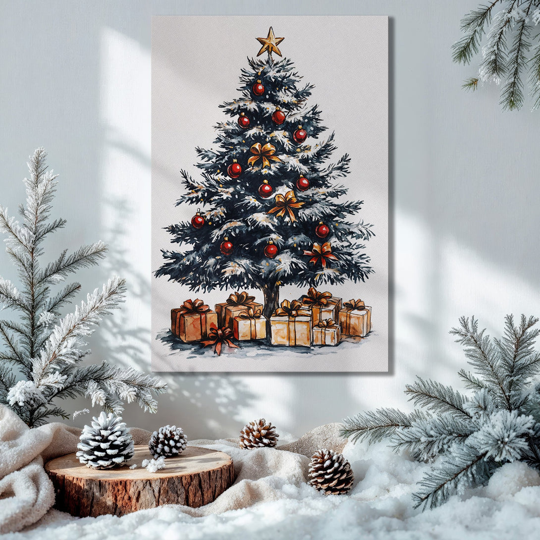 Framed Wall Art: Watercolor Christmas tree print with red & gold accents, displayed in cozy interior with green and warm tones.