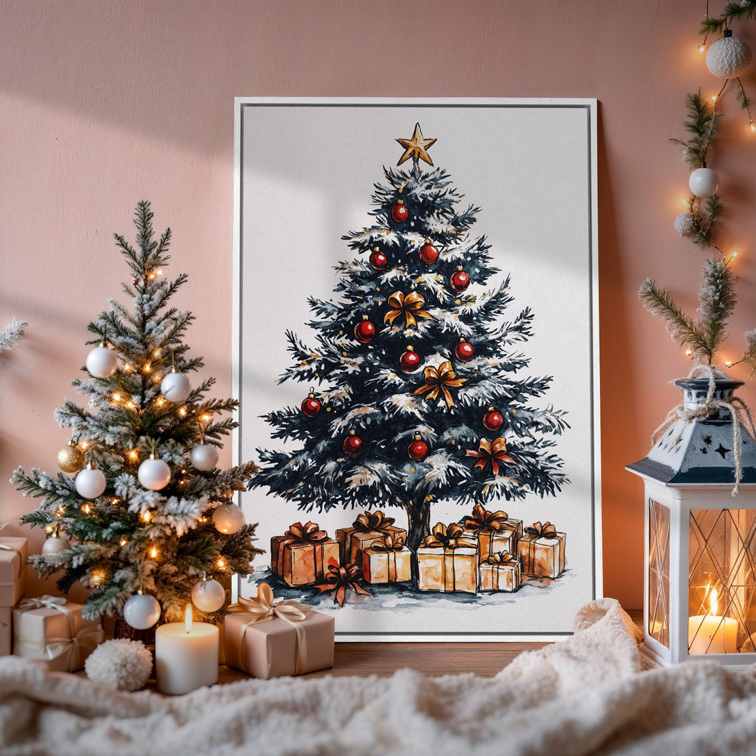 Framed Wall Art featuring a watercolor Christmas tree in a warm, festive interior. Earthy tones with pops of red and gold. Perfect holiday decor!
