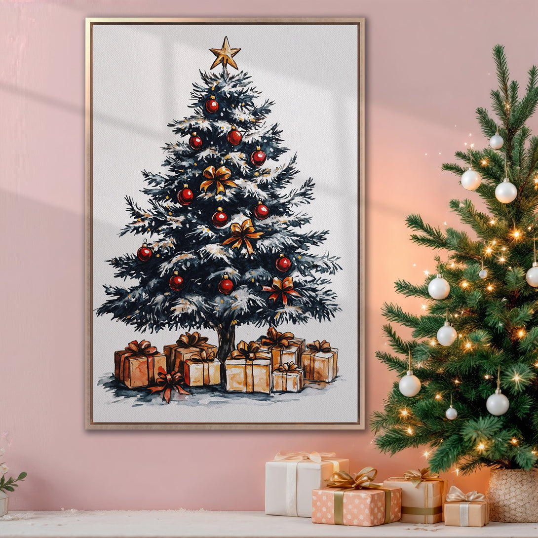 Framed Wall Art featuring a watercolor Christmas tree with red ornaments and gifts. Warm color palette with gold and pink hues, perfect holiday decor.