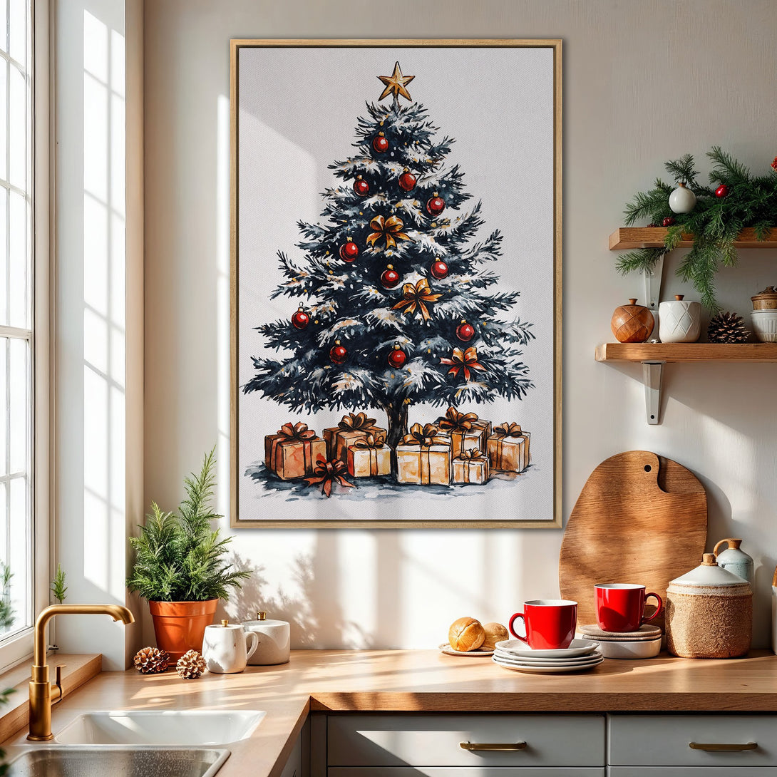 Framed Wall Art: Watercolor Christmas tree print with red & gold accents. Perfect holiday decor for a cozy kitchen. Shop our festive canvas art today!