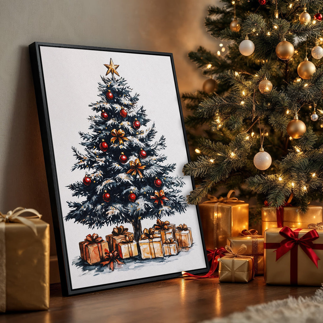Framed Wall Art of a watercolor Christmas tree with red ornaments, bows, and gifts. Warm, festive color palette. Perfect holiday decor!