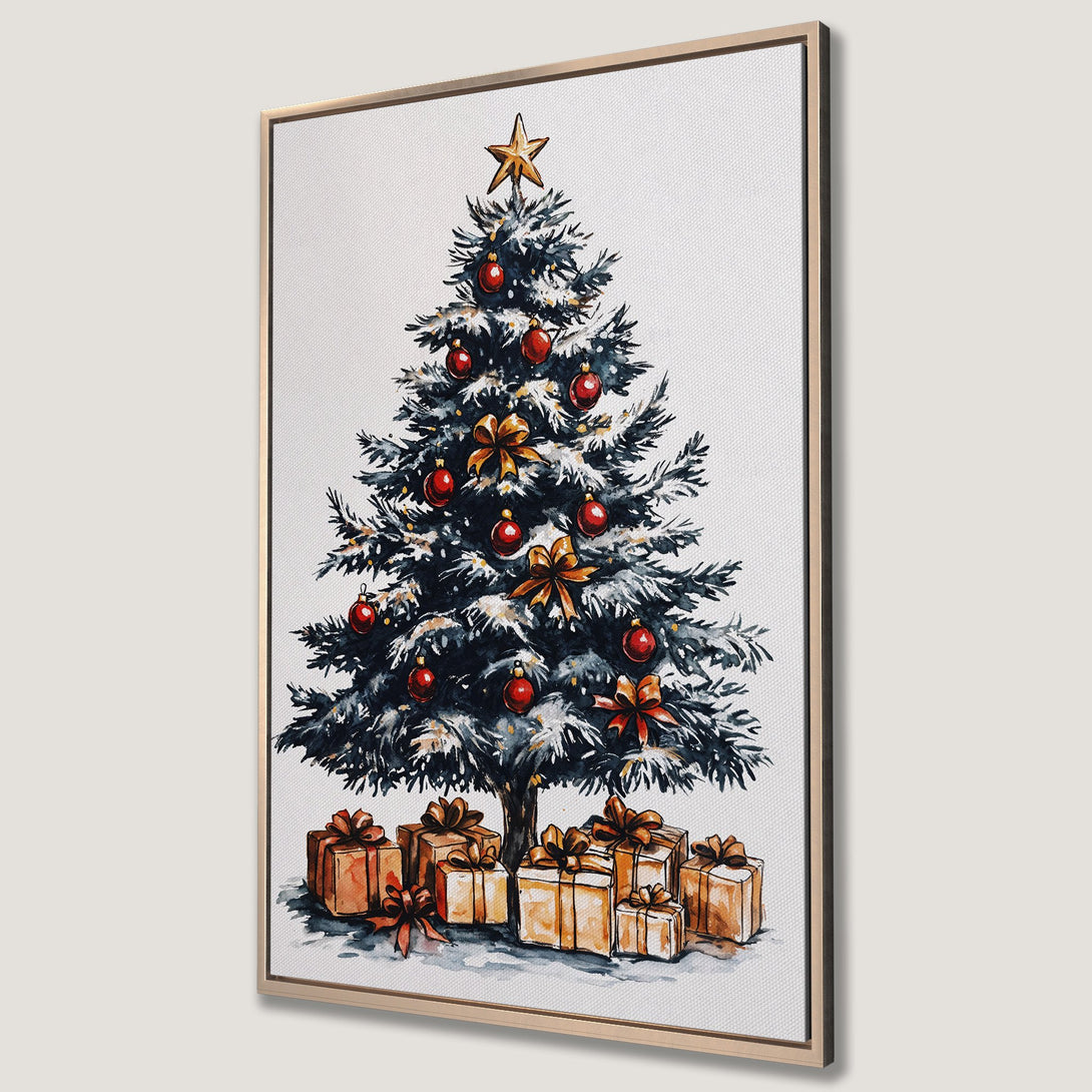 Framed Wall Art featuring a watercolor Christmas tree with red ornaments and gifts. Festive holiday decor in blue, orange, and gold tones.