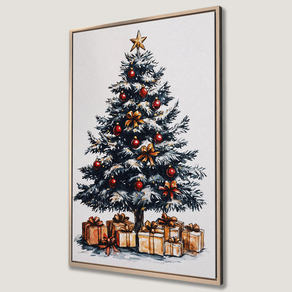 Framed Wall Art featuring a watercolor Christmas tree with red ornaments and gifts. Festive holiday decor in blue, orange, and gold tones.