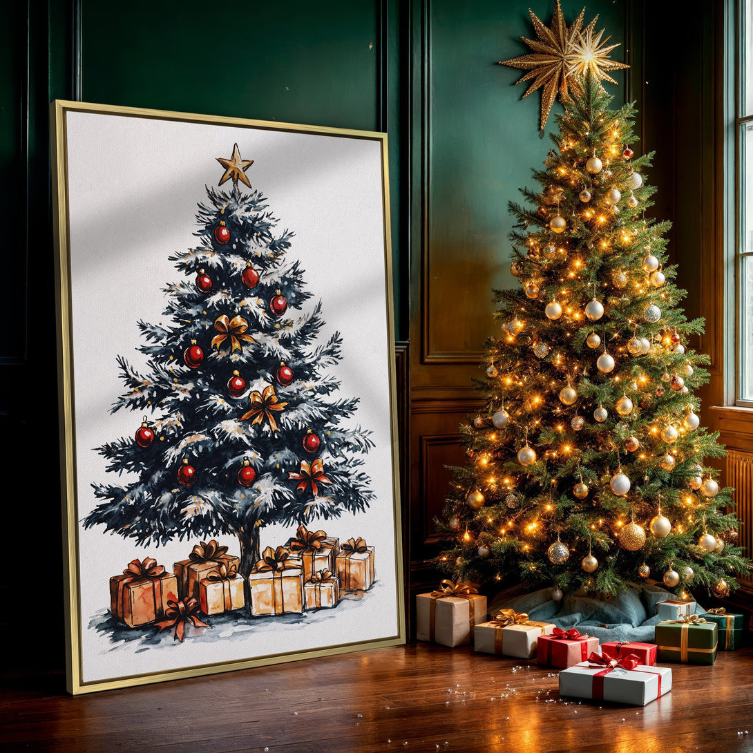 Canvas Print: Watercolor Christmas tree art with red and gold accents. Festive wall decor in a cool, wintery palette. Perfect holiday gift idea!