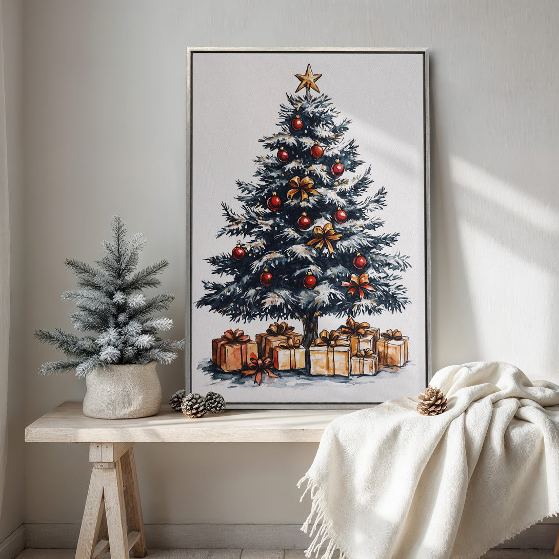 Framed Wall Art featuring a watercolor Christmas tree in blue and red hues. Perfect holiday decor for a cozy, inviting space.
