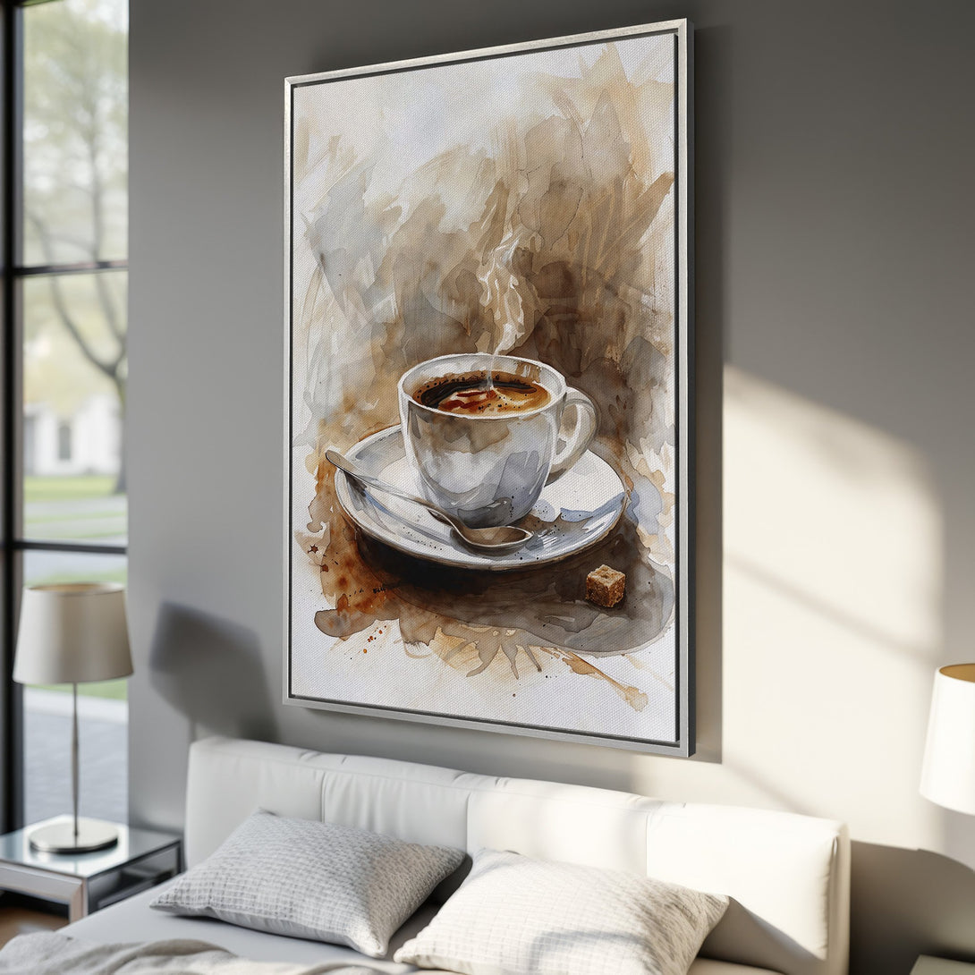 Framed Wall Art: Watercolor coffee cup print in warm browns & whites. Perfect for kitchen or bedroom decor. Add cozy vibes with this art piece.