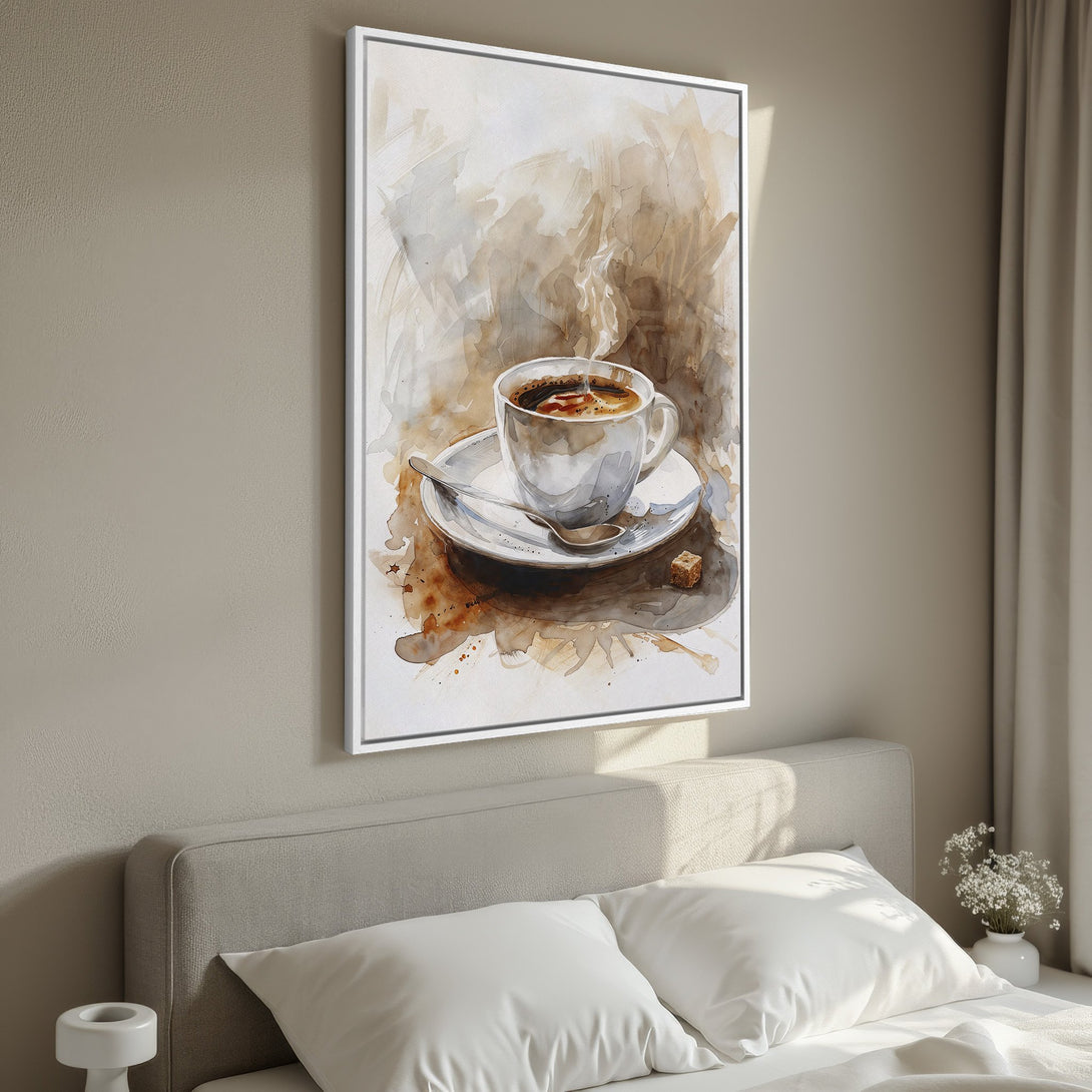 Framed Wall Art: Watercolor coffee cup painting in warm neutral tones. Perfect for kitchen or bedroom decor, adding a cozy, artistic touch.