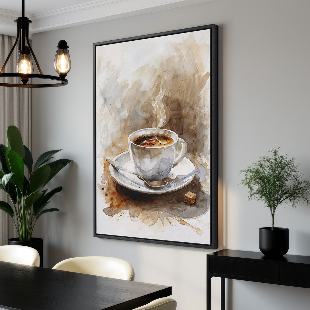 Framed Wall Art featuring a watercolor coffee cup painting in neutral brown tones. Perfect for kitchen or dining room decor.