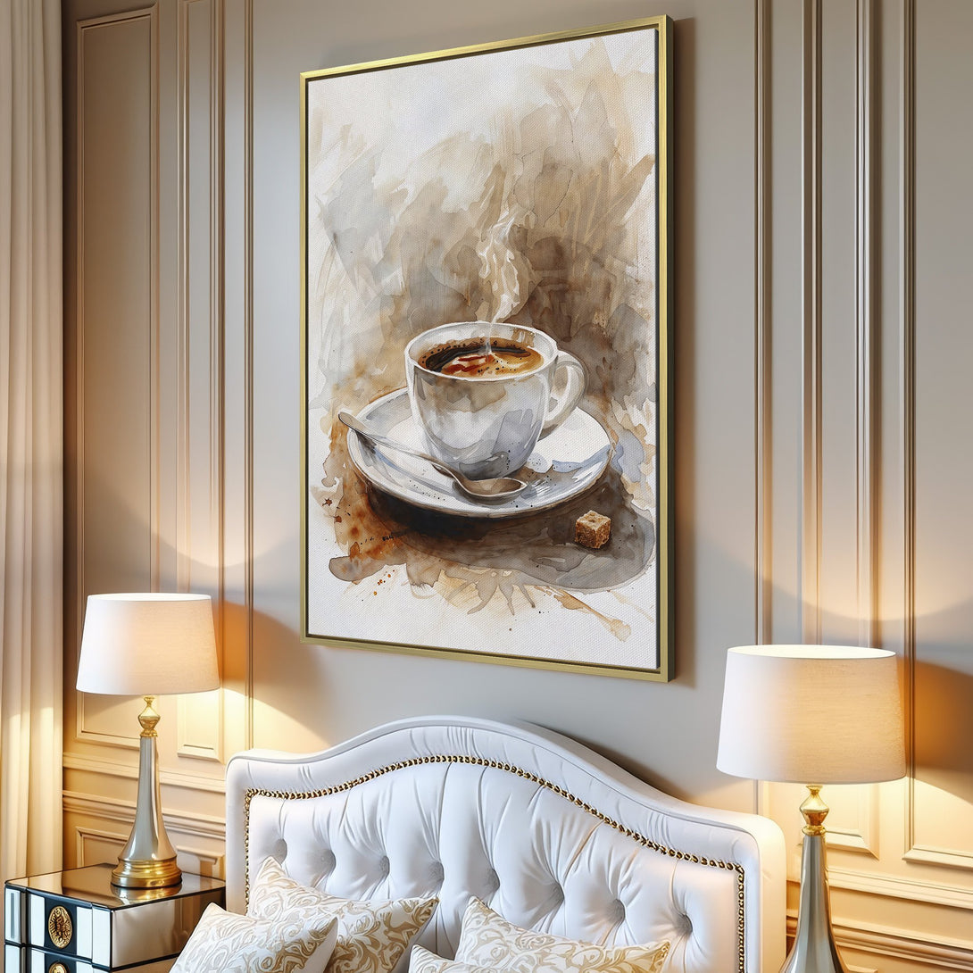 Canvas Print of a watercolor coffee cup, displayed in a living room. Neutral color palette with warm browns and whites. Perfect for kitchen decor!