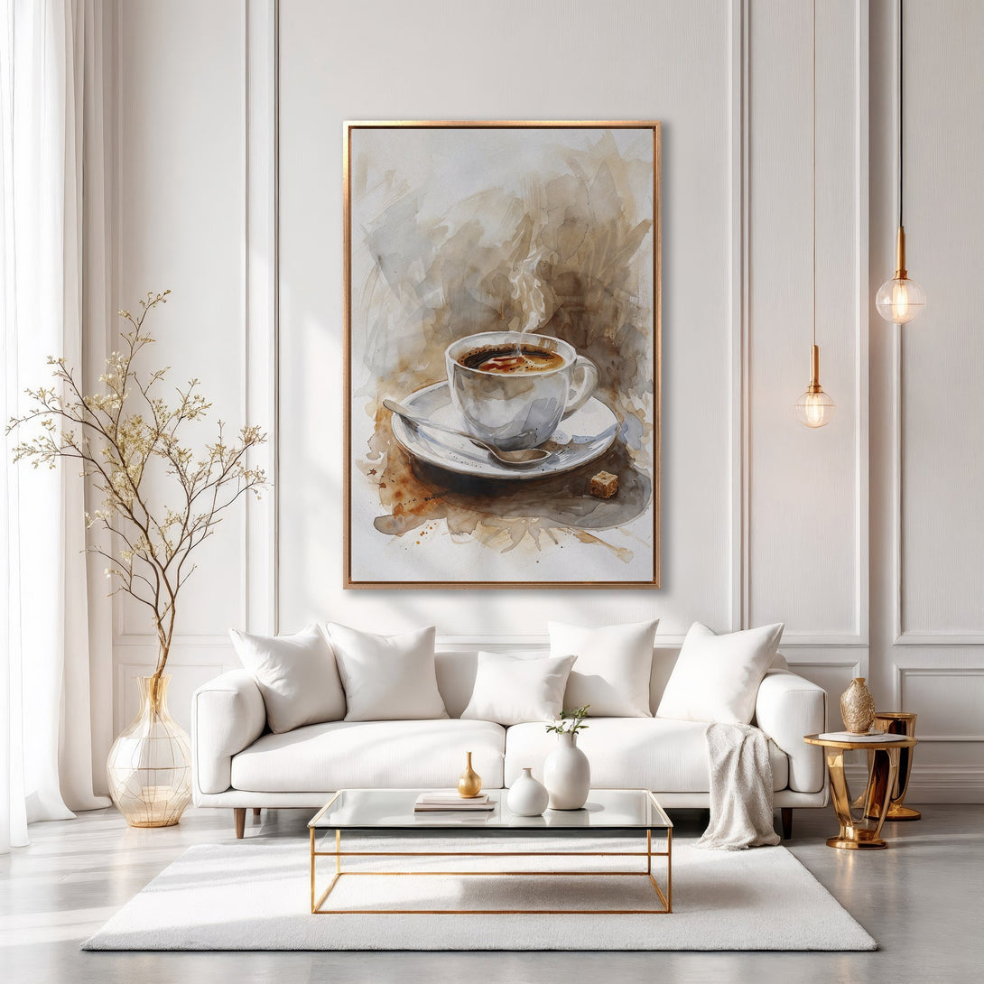 Framed Wall Art: Watercolor coffee cup painting in warm brown tones. Perfect for adding a touch of elegance to your living room decor. Shop now!
