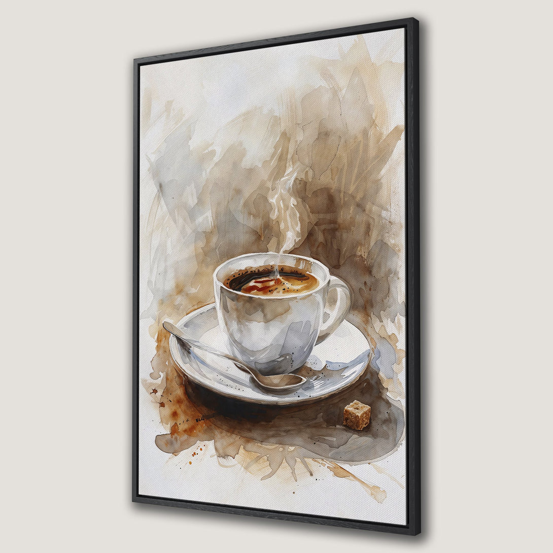 Framed Wall Art: Watercolor coffee cup painting in warm brown tones. Perfect kitchen decor. Add a touch of cozy to your home with this beautiful canvas print.