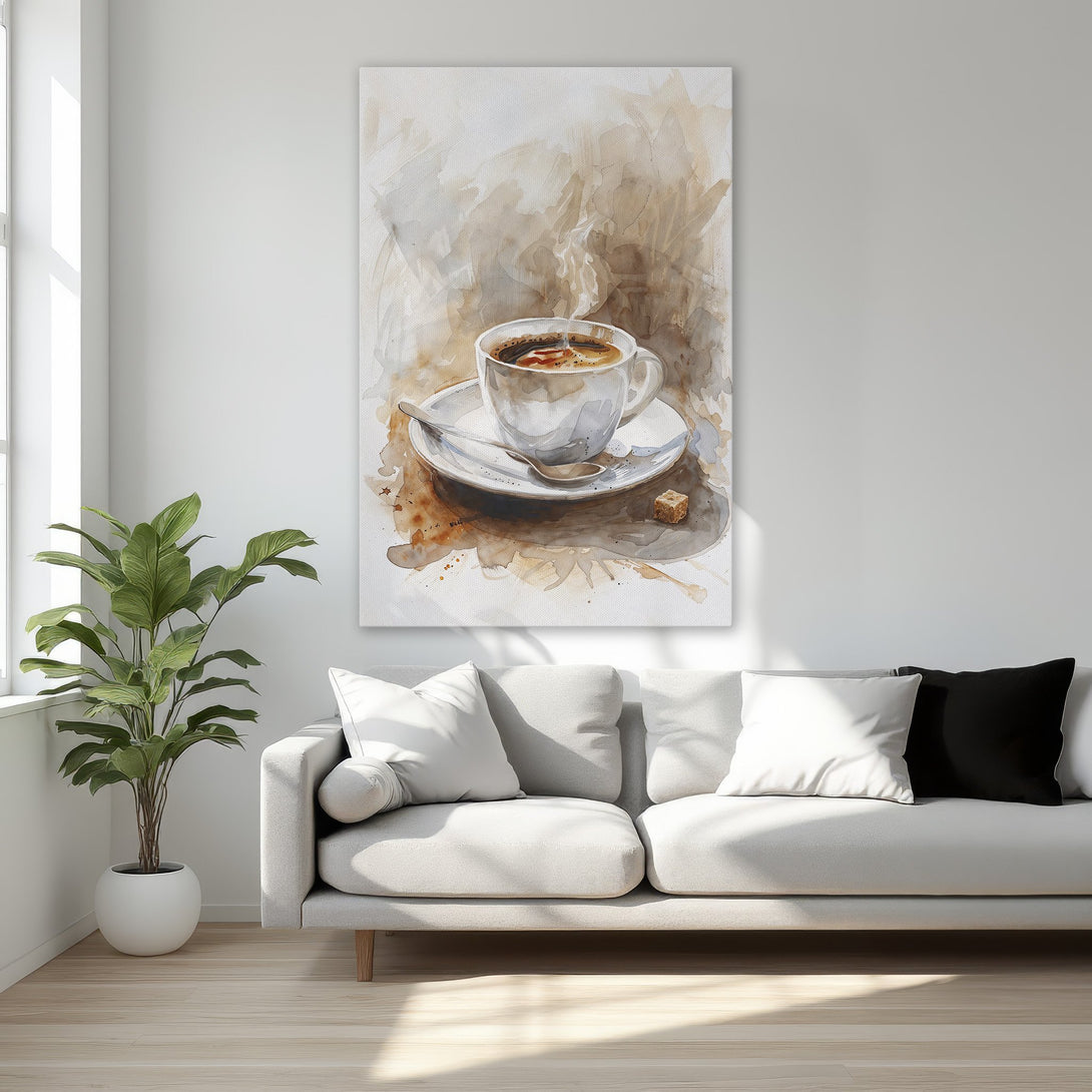 Framed Wall Art: Watercolor coffee cup in warm neutral tones. Elegant artwork for your home. Enhance your decor with this beautiful Canvas Print.