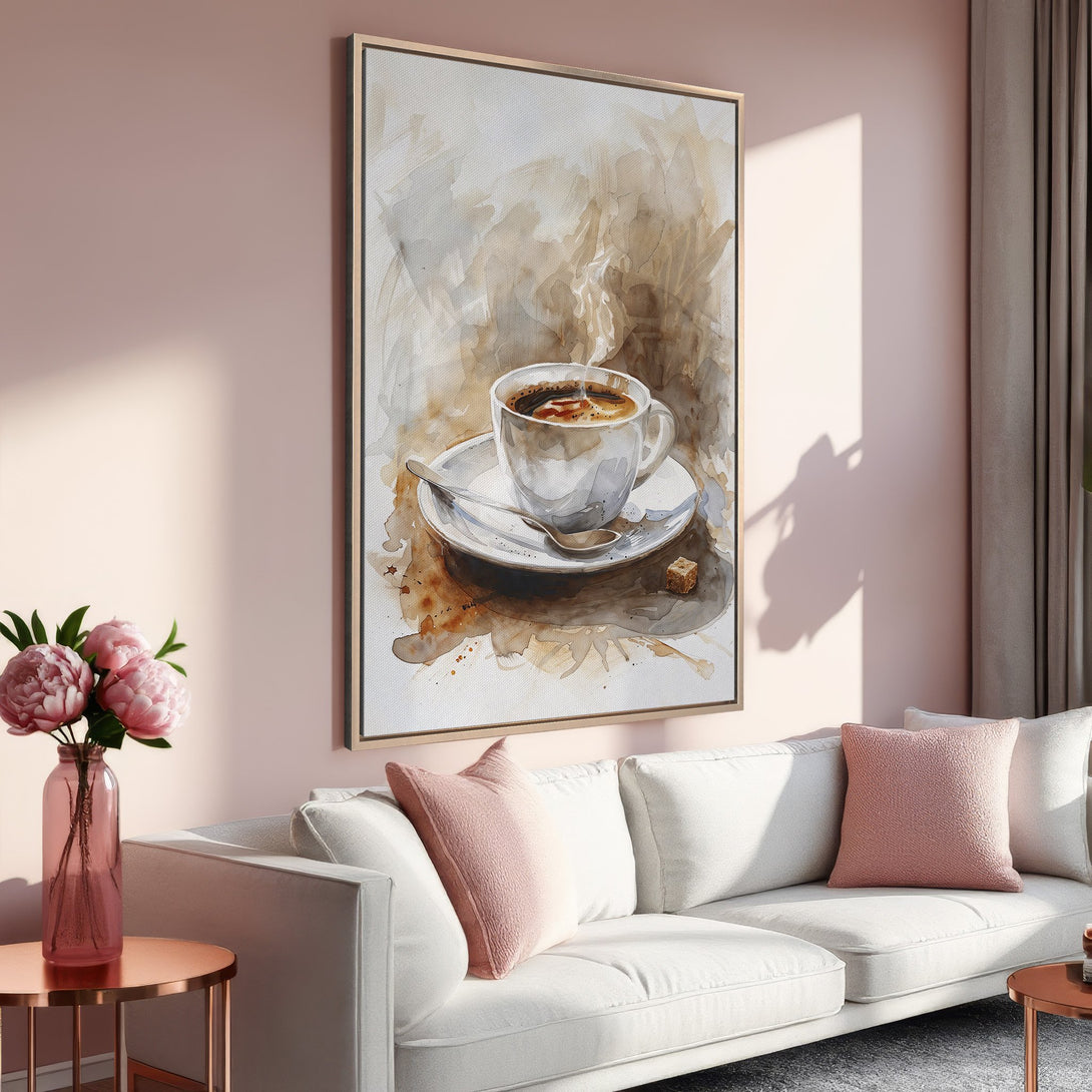Framed Wall Art: Watercolor coffee cup in warm, neutral tones. Perfect for adding a touch of cozy elegance to your living room decor.