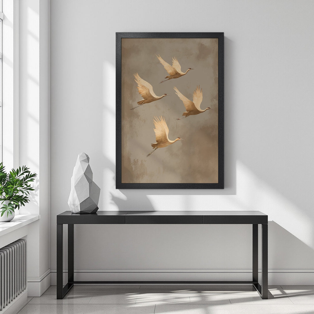 Framed Poster featuring elegant cranes in flight, neutral color palette, perfect for modern decor.