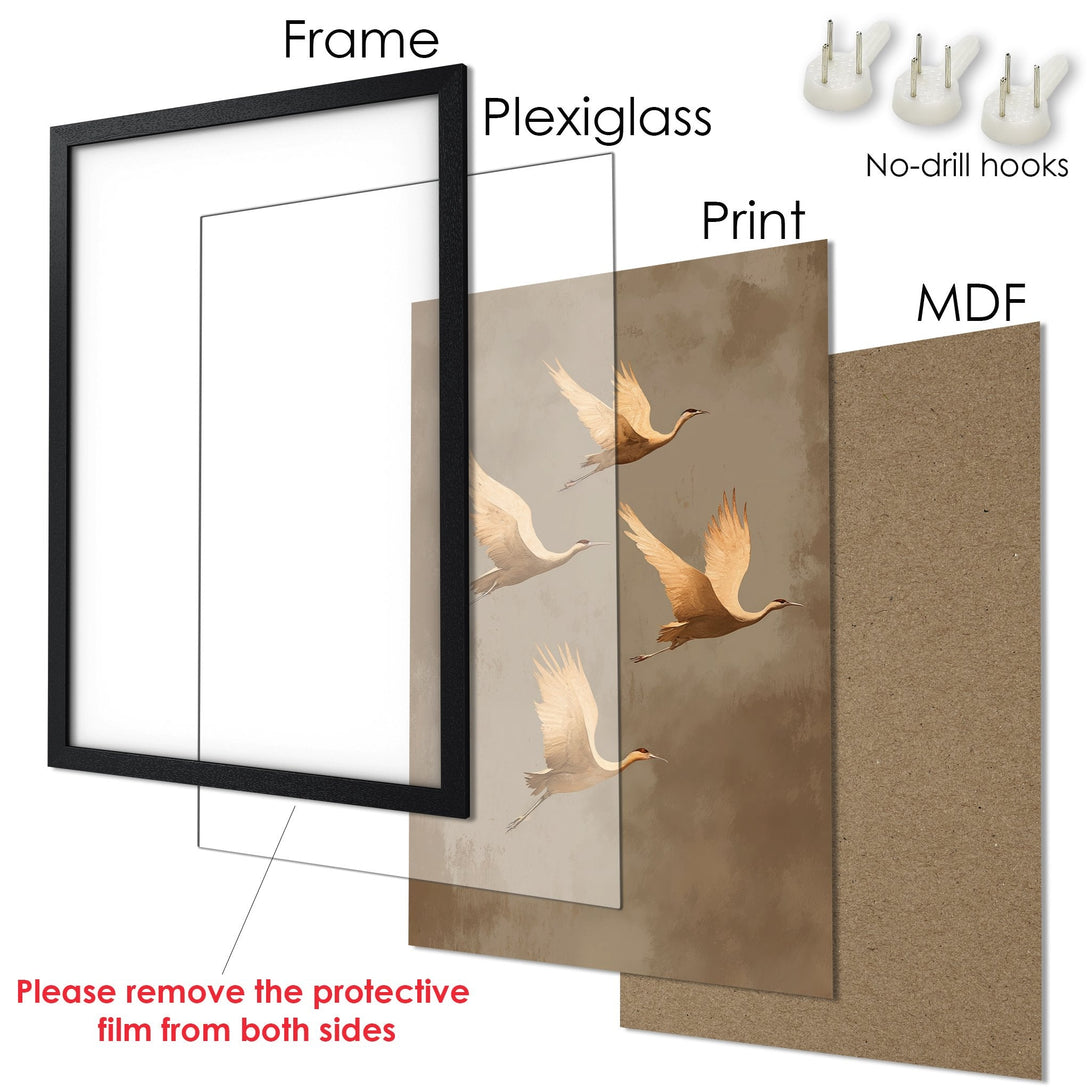 Framed Poster featuring elegant cranes in flight, warm neutral tones. Perfect art print for your home decor.