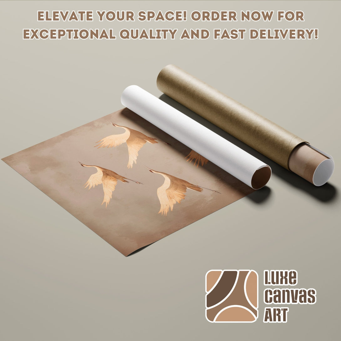 Poster Roll featuring watercolor cranes in a neutral palette. Elevate your space with this stunning art print! Order now for fast delivery.