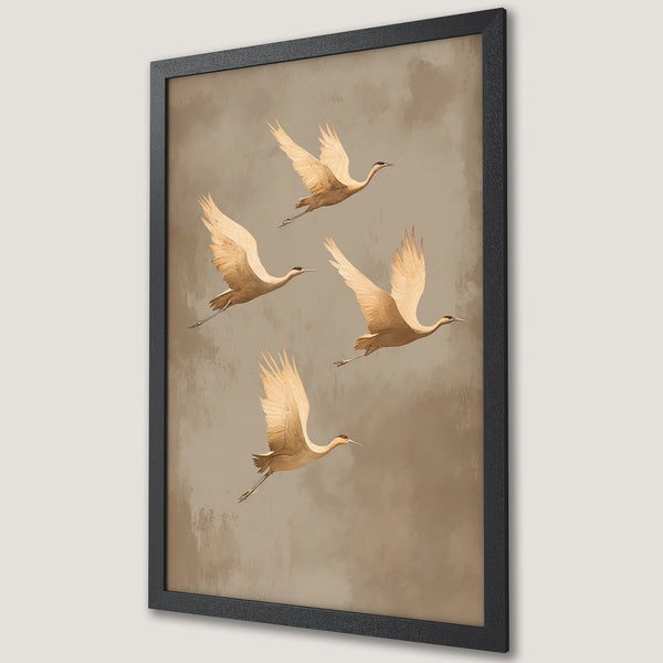 Framed Poster featuring elegant cranes in flight, neutral color palette, artistic style, perfect wall art.