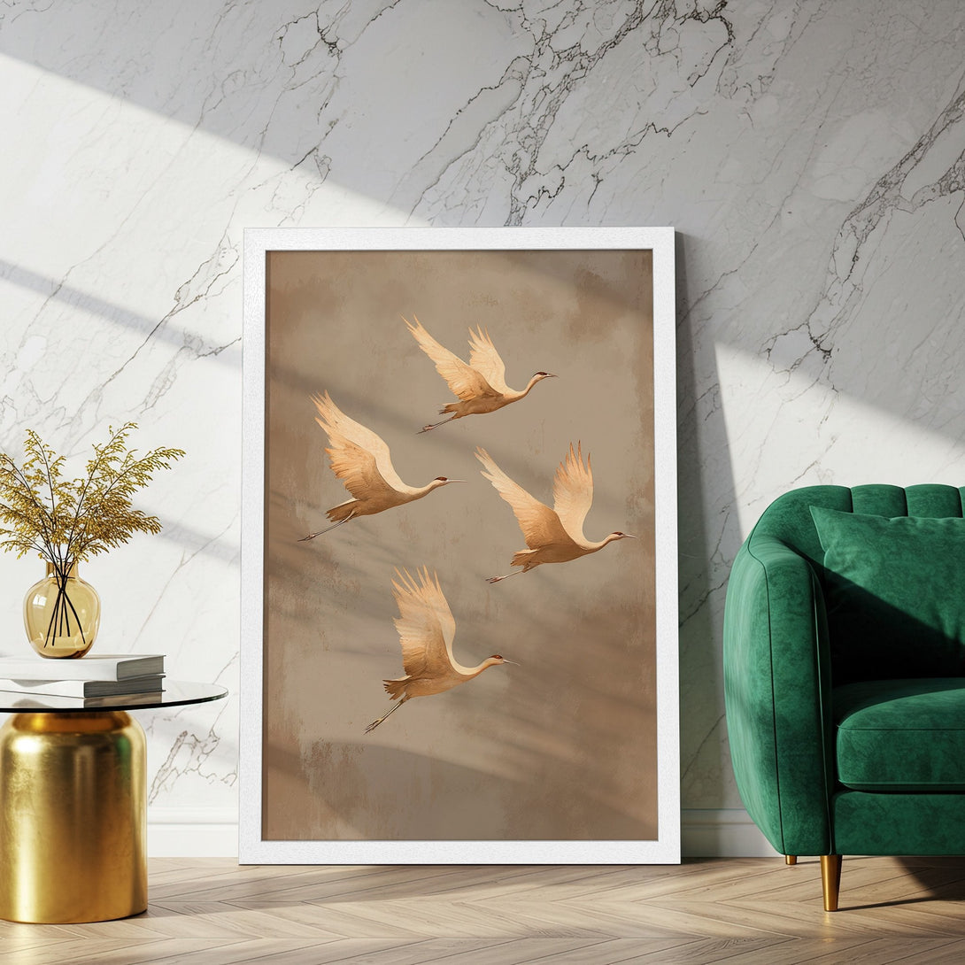 Framed Poster featuring flying cranes in a neutral color palette, perfect for adding a touch of nature and elegance to your home decor.
