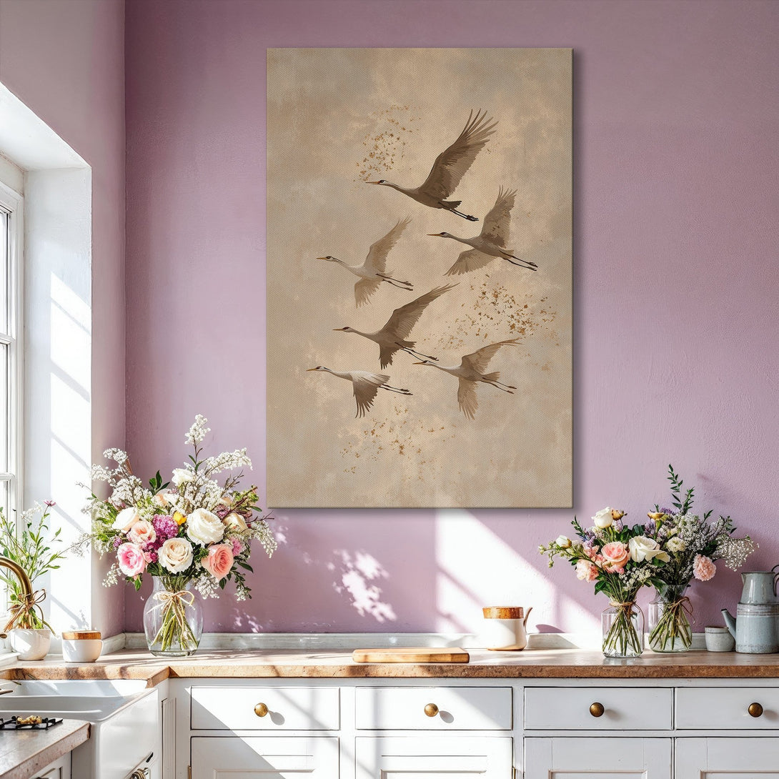Framed Wall Art featuring flying cranes in a neutral, beige and gold color palette. Perfect for adding a touch of elegance to your home decor.