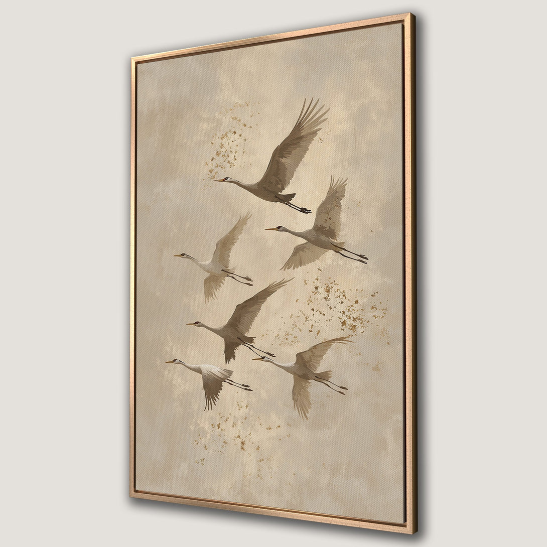 Framed Wall Art featuring flying cranes in a neutral, earthy color palette. Perfect for adding a touch of nature-inspired elegance to your home decor.