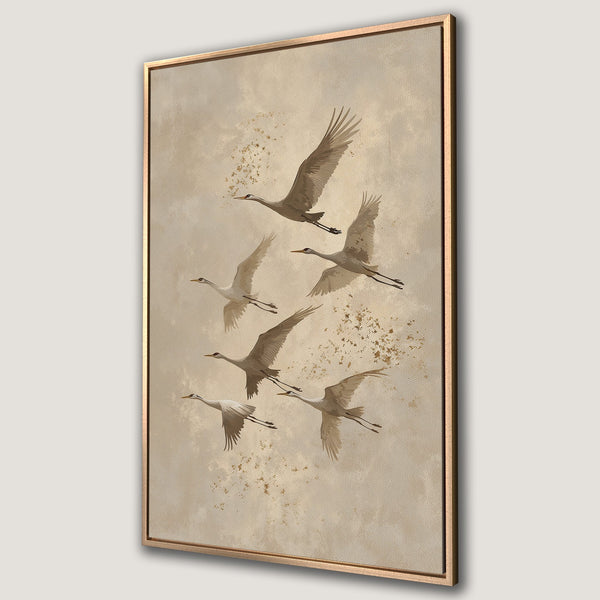 Framed Wall Art featuring flying cranes in a neutral, earthy color palette. Perfect for adding a touch of nature-inspired elegance to your home decor.