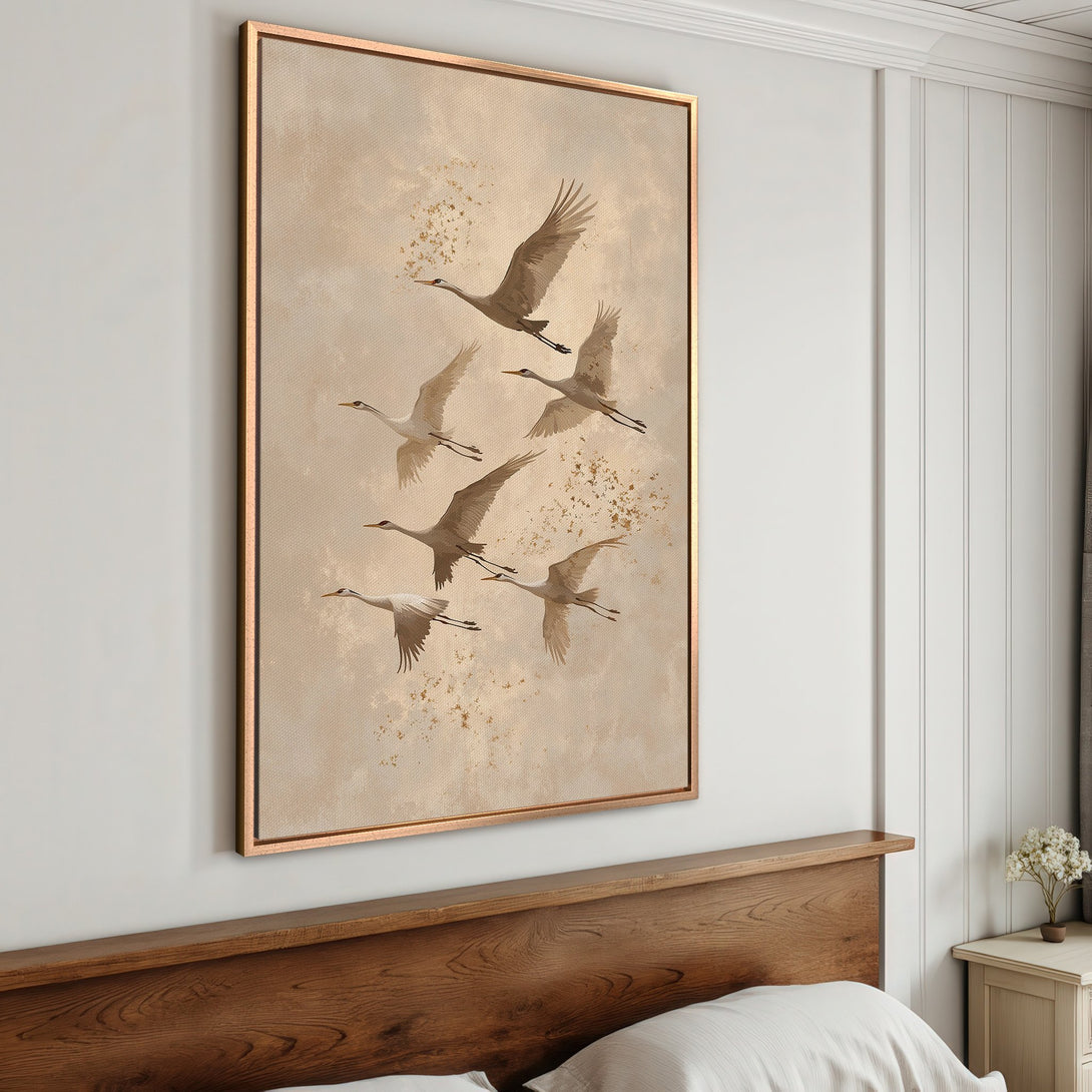 Framed Wall Art featuring cranes in flight. Neutral beige and gold color palette, perfect for modern decor. Enhance your space with this elegant Canvas Print.
