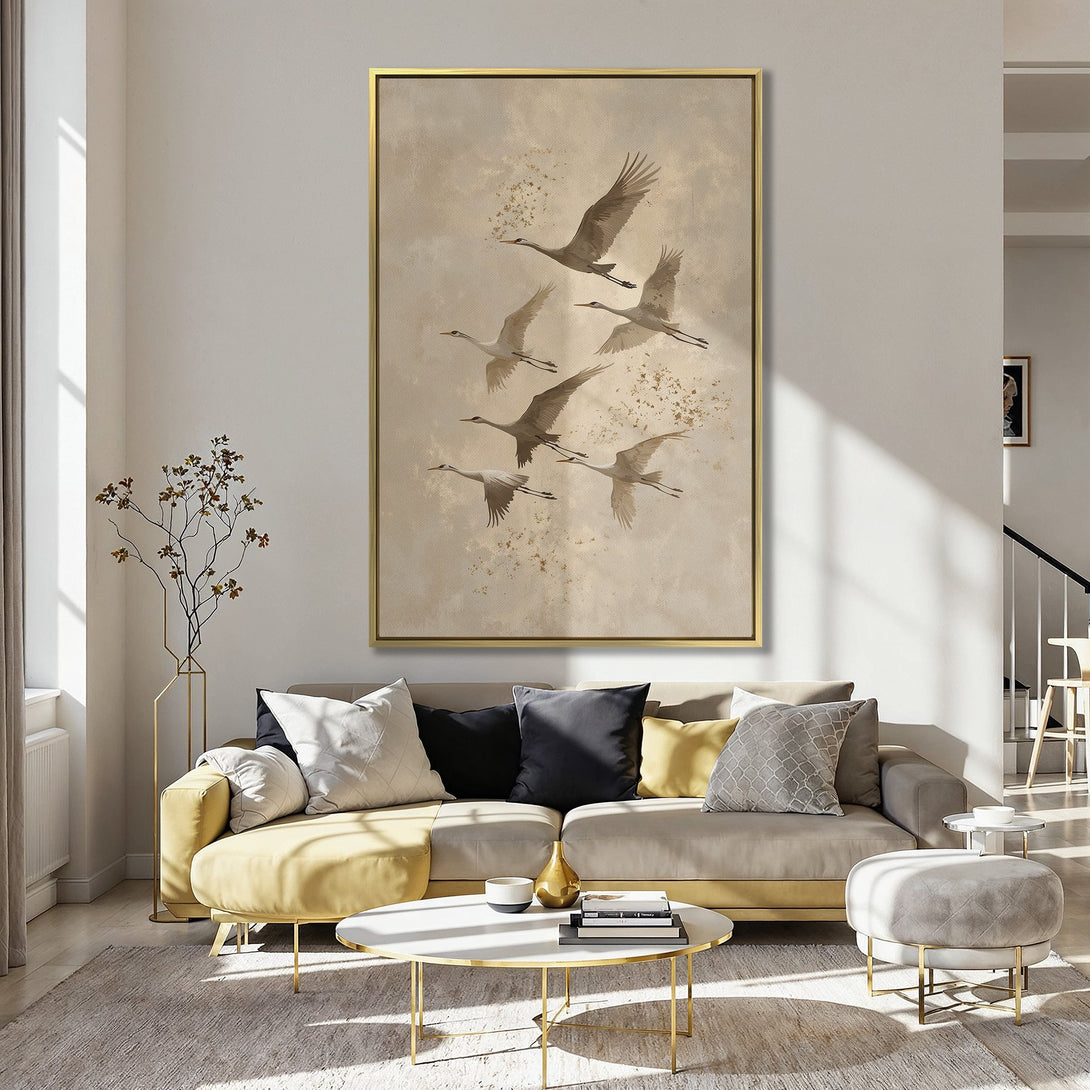 Canvas Print featuring flying cranes in a neutral palette. Vintage-style artwork adds a touch of elegance to any space. Shop now for unique wall art!