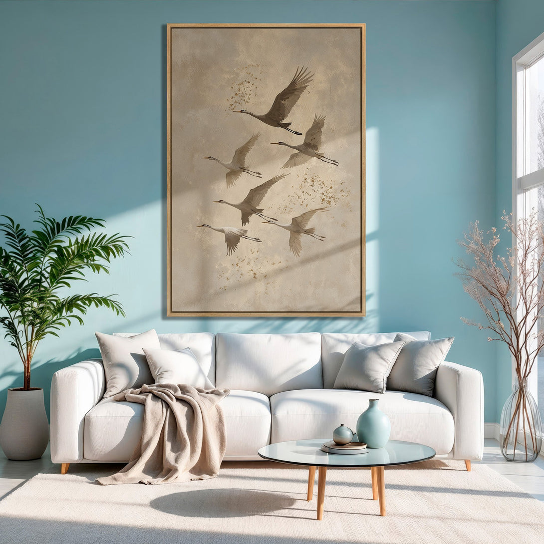 Framed Wall Art of cranes in flight, neutral tones, displayed in a modern living room with a blue wall. Perfect for adding a touch of nature to your space.