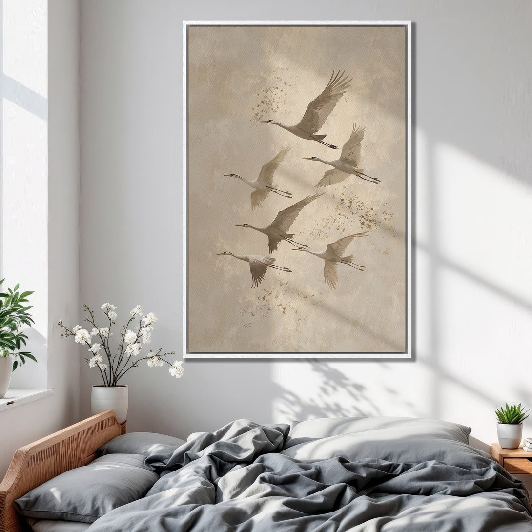 Framed Wall Art featuring elegant cranes in flight, neutral color palette. Perfect for bedroom decor. Shop our collection of art prints today!
