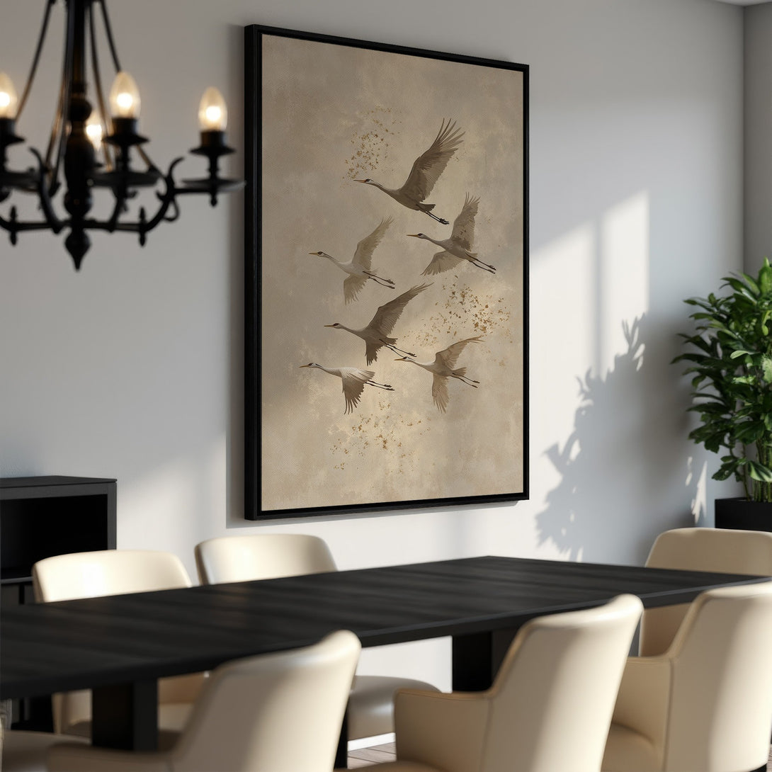Framed Wall Art: Elegant crane print in neutral tones. Perfect for dining rooms. Modern art with a calming, natural color palette. Shop now!